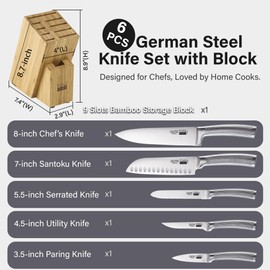Cooks Standard Kitchen Knife Set with Block 6-Piece, Stainless Steel Forge High Carbon German Blade with Expandable Bamboo Storage Block for Extra Slots, Silver
