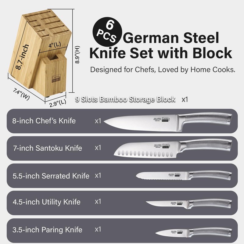 Cooks Standard Kitchen Knife Set with Block 6-Piece, Stainless Steel