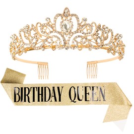 Tiara for Women Birthday, Happy Birthday Tiara and Sash Set, Birthday Crowns for Women, Birthday Tiara for Women with Rhinestone, Tiaras and Crowns for Women with Combs, Birthday Girl Sash