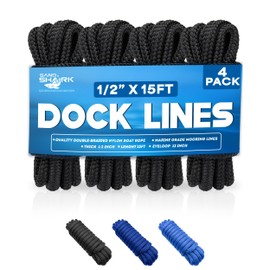 SandShark Premium 15ft 1/2in Dock Lines 4 Pack, Quality Double-Braided Nylon Boat Rope, 12in Eyelet Loop, Mooring Ropes for Docking. Pontoon Boat Accessories - Black