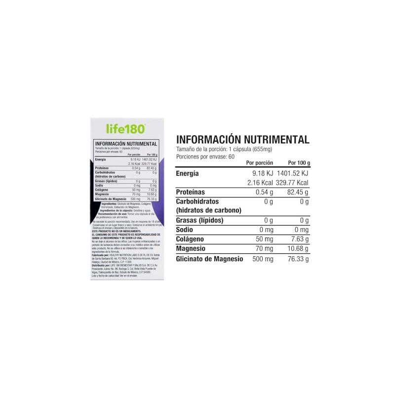 Life180 Glicinato de Magnesio con 60 Cápsulas | Suplemento Alimenticio