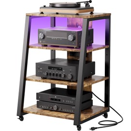 Lifewit 4 Tier AV Media Stand with Power Outlets, Stereo Racks with LED Lights, Wheels and Adjustable Shelves for Record Player, Rolling Media Console, Media Audio Tower Cabinet, 35", Rustic Brown