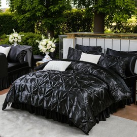 Bedbay Satin Comforter Queen Set 10 Pcs,Bed in a Bag Queen,Pinch Pleat Bedding Set,Home Decor,Black Pintuck Luxury Bed Comforter Set,Soft Silky Down Alternative Comforter for All Seasons
