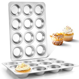 Herogo 2 Pack 12-Cup Stainless Steel Muffin Pan Tin for Making Egg Muffin Quiches, Metal Cupcake Tray Set for Baking, Mini Brownie, Regular Size & Easy Clean, Oven & Dishwasher Safe