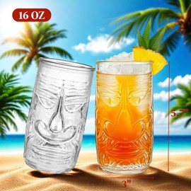 YIMITEE 6 Pack Tiki Glasses, 16 Oz Clear Tiki Mug, Exotic Zombie Party Cup, Hawaiian Style Cocktail Glasses Gift Set, Cute Old Fashioned Drinking Glassware for Tropical Island Drink Mai Tai Tiki Bar