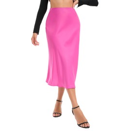 Timuspo Midi Skirt Satin Skirt Women's Elegant Long High Waist Plain Midi Skirt A-line Summer Skirt with Concealed Elastic Band and Zip, pink-red, M