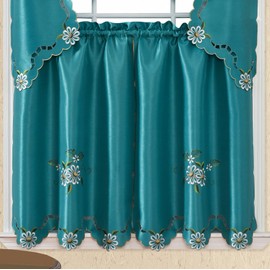 GOHD Cutwork Floral. Kitchen Curtain Set. Swag Valance and Tier Set. Nice Embroidery on Faux Silk Fabric with cutworks. (Turquoise)