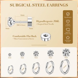 Nelytiya 10 Pairs Small Gold Silver Hoop Earrings Set Zirconia Hypoallergenic Surgical Steel Cartilage Earrings Stainless Steel Women's Earrings Set Ear Jewellery, Stainless Steel