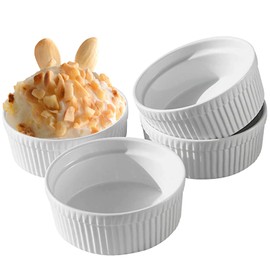 Cinf White 10 oz Set of 4 Souffle Dishes Ramekins Oven Microwave Safe Bowls Creme Brulee Sauce Cups for Baking Cooking Porcelain Individual Serving Size for Desserts