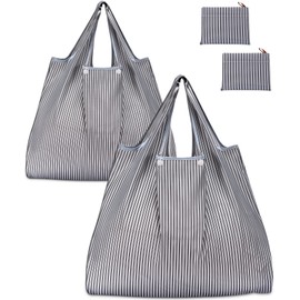 KINGMAS KINGMAS Reusable Grocery Bags, Eco-Friendly Folding Tote Shopping Bag fits in Pocket, Washable Waterproof Nylon Pouch Bags (2 Pack (Grey Stripe))