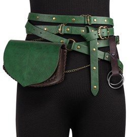 EpicCos Leaf-Patterned Waist Bag, Renaissance Multi-Turn Wrapped Faux Leather Belt with Skirt Clip for Ren Faire Forest Costumes (Green A)