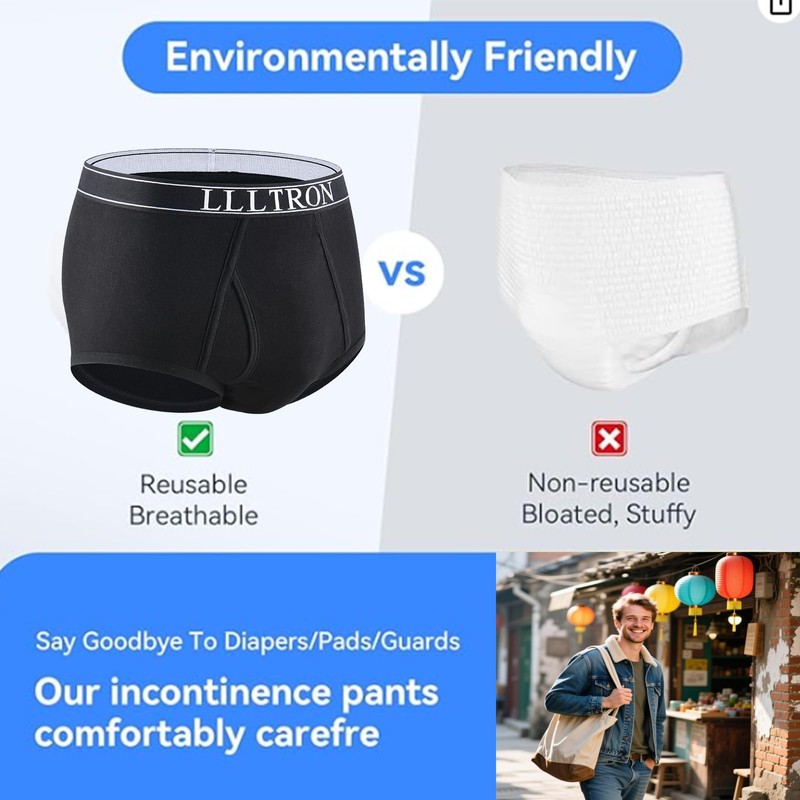 Incontinence Underwear for Men Washable Cotton Briefs Reusable Urinary Protective
