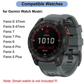 22mm Watch Band for Garmin Fenix 5/Fenix 6/Fenix 7/Fenix 8 47mm/Fenix E 47mm, Soft Silicone Band Strap Wristband with Quick Fit for Garmin Smart Watch (Grey)