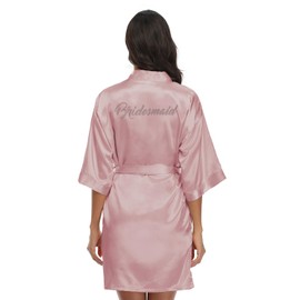 North Bund Women's Kimono Bride Bridesmaid Robes with Rhinestones Short Satin Bathrobes Wedding Party Getting Ready Day Bridesmaid Rubber Pink
