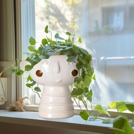 Fivepot Head Planter for Indoor Plants- 7 Inch Ceramic Face Planter Pot Cute Succulent Pot with Drainage Hole Indoor Outdoor Flower Pot Gift Ideas for Christmas White