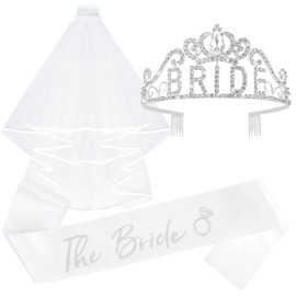 KICOSY Bride Bachelorette Accessories Set: Rhinestone Tiara Crown, Veil & Sash for Weddings, Bachelorette Party & Bridal Shower