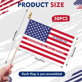 Mindsoft 50 Pcs Veterans Day Small American Flags on Stick 4 x 6 Inches Patriotic Mini US Handheld Flags with Wood Spearhead for Labor Day 4th of July Parades Patriotic Party Outdoor Lawn Yard Decor