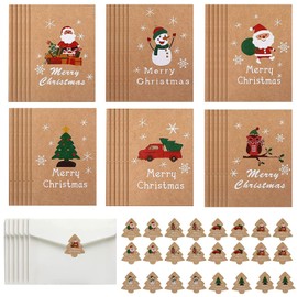 Hiagkmet Christmas Kraft Cards Greeting Paper, Kraft Paper Holiday Greeting Cards Santa Snowman Reindeer Tree Greeting Cards Assortment with Envelopes and Stickers, Xmas Holiday Present Cards, 24 Pack 6 Designs