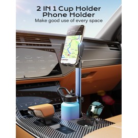 TAZENI 2 in 1 Cup Holder Cell Phone Holder Mount for Car Aluminum Alloy Rod Phone Holder for Car Bottle Free Easy Use & Stable & Universal Fit 2.5-4'' Cup Holder-Blue