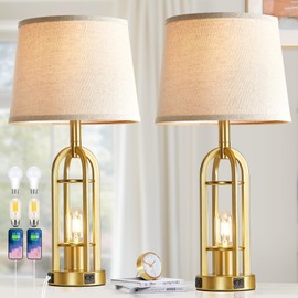 SRJJA Gold Table Lamps for Living Room Set of 2 - Modern Farmhouse Bedside Lamps for Bedroom Night Stands with Nightlight and USB A+C, Industrial Lamp for Living Room End Tables