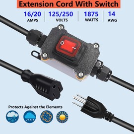 AWINLI Outdoor Extension Cable with Waterproof Switch,14AWG Specification 3-Plug Extension Cable AC 20A-125V,16A-250V Lnline Red LED Switch Ground Socket Plug (1.6Ft)