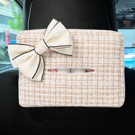 DUSCOKE Car Tissue Holder, Cute Bow Tissue Box Cover for Auto Backseat, Rectangle Auto Napkin Holder Keep Car Tidy, Universal Napkin Storage Organizer for Vehicle Sun Visor, Headrest (Beige)