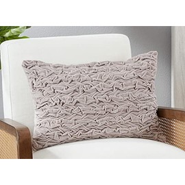 Fennco Styles Smocked Cotton Velvet Decorative Lumbar Throw Pillow Cover 16" W x 24" L - Grey Textured Accent Cushion Case for Home, Living Room, Bedroom, Couch and Office Décor