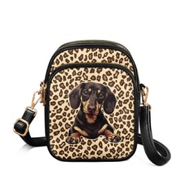 HUGS IDEA Dachshund Crossbody Bags for Women Leopard Print Cell Phone Purse for Lady Work Leather Wallet Handbags with Card Slots Fashion Shoulder Bag with Adjustable Strap