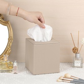 Sumnacon PU Leather Tissue Box Cover Modern Square Tissue Box Holder with Magnetic Closure Decorative Tissue Dispenser Stripes Textured Tissue Holder for Bathroom Car Home Office, Beige