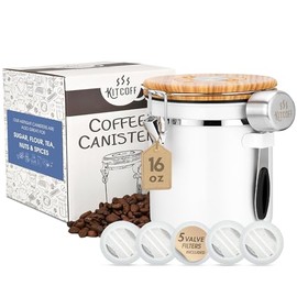 Kitcoff Coffee Grounds and Beans Container Canister with Date Tracker, CO2-Release Valve and Measuring Scoop - Made of Stainless Steel with Airtight Lids - Medium, 16oz, White w/Wood Print Lid