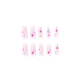 MISUD Coffin Press on Nails Long Ballerina Fake Nails Glossy Glue on Nails Pink Star Artificial Nails Ombre Acrylic Nails 3D Rhinestone Stick on False Nails with Design 24 pcs