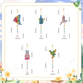 5 Pieces Diamond Painting Suncatcher Kits for Adults, Wind Chime Kits for Beginner Diamond Art Special Shapes Gem Paint by Number for Garden Home Decor, Gift(Cat Hummingbird Peacock Butterfly)