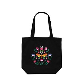 RetroZ Canvas Tote Bag-Premium Cotton bag with Zipper,InnerPocket,Long Handles-Stylish Tote for College,Shopping,Travel,Beach - Bee Blossoms Black