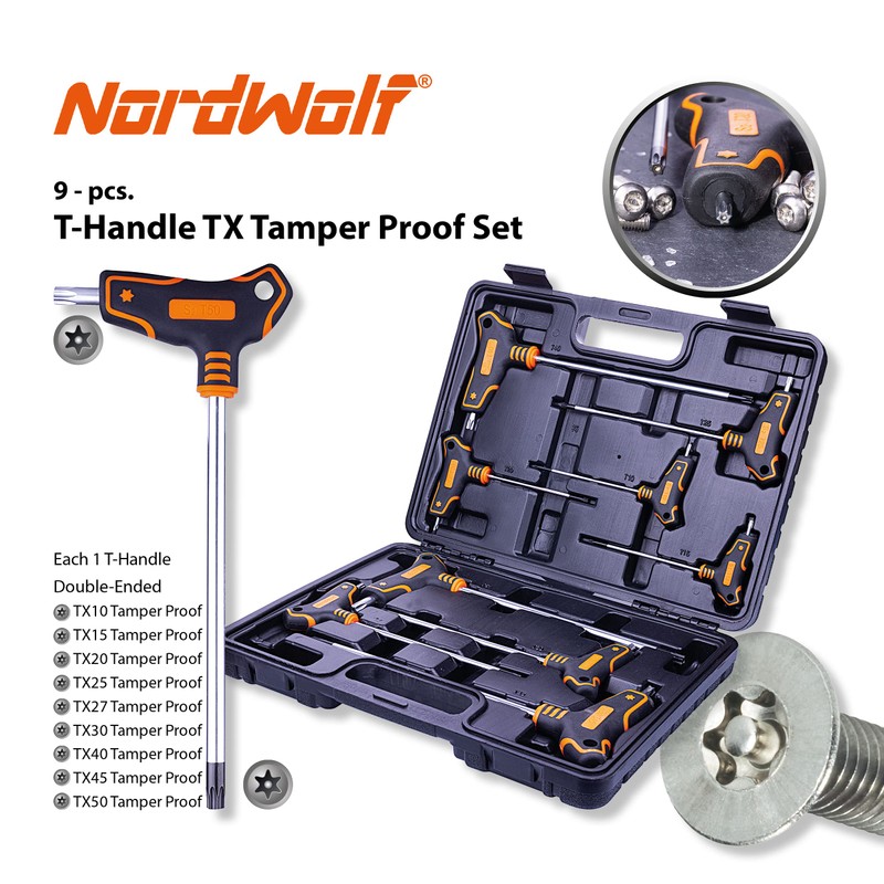 NordWolf 9-Piece T-Handle Torx Wrench Set, S2 Steel Long Arm
