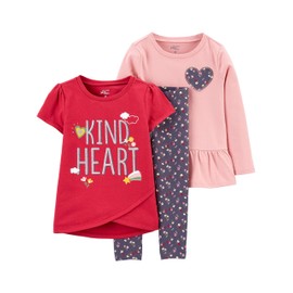 Simple Joys by Carter's Baby Girls' 3-Piece Playwear Set, Dark Grey Floral/Pink Hearts/Red Text Print, 2T