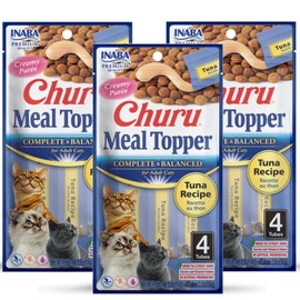 INABA Churu Meal Topper for Cats, Complete & Balanced, Creamy, Lickable Purée Cat Food Topper, 0.5 Ounce Tube, 12 Tubes (4 per Pack), Tuna Recipe