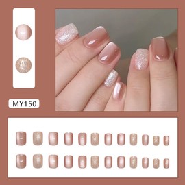 24 Pcs Cat Eye Press on Nails Short Square - WLGDLH Ice-Clear Fake Nails Glossy False Nails Press Ons With Silver Glitter Designs Nail Tips Full Cover Acrylic Nail Kit for Women Manicure