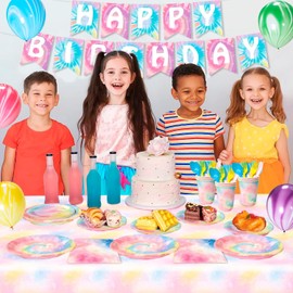 Tie Dye Birthday Party Supplies,138pcs Tie Dye Tableware & Decorations Set - Tie Dye Plates and Napkins Cups & Rainbow Table Cloth & Tie Dye Birthday Banner Balloons etc Rainbow Tie Dye Party Supplies