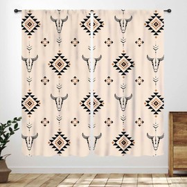 Cortinas de calavera de vaca occidental, color beige, patrón geométrico bohemio del suroeste, nativo, azteca, cabeza de cuerno largo, vaquero, granja, tratamientos de ventana para recámara, sala de