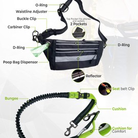 FurLeashUs Hands Free Dog Leash for Running Walking Driving Training Hiking, Dual-Handle Reflective Bungee, Poop Bag Dispenser Pouch, Adjustable Waist Belt, Shock Absorbing, Ideal for Medium to Large Dogs (Blue)