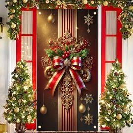Tomhong Christmas Door Cover Red Gold Bow 71x35 Inch Front Door Decoration with HollySnowflakes for Holiday Party Indoor Outdoor Xmas Entryway Home Decor