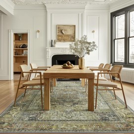 Bavni 8x10 Area Rugs, Large Rugs for Living Room, Stylish Rugs for Bedroom, Vintage Floral Pattern Design, Non-Slip Machine Washable Carpet, Heavy Grey/Gold