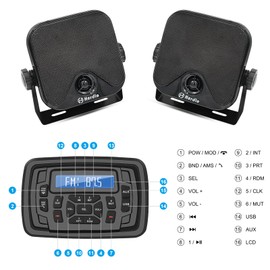 Herdio Marine Radio and Speakers Bluetooth System,Car AM/FM Radio Stereo Receiver + 4 Inches Marine Seakers+Marine Antenna, for Golf Cart UTV ATV Motorcycle Boat Heavyduty Powersports Car Vehicles