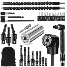 Flexible Drill Bit Extension Set,105° Right Angle Drill Attachment,1/4 3/8 1/2" Hex Shank Impact Driver Socket Adapter Rotatable Socket,Bendable Drill Bit Extension and Screwdriver Bit Kit