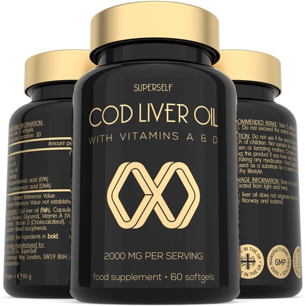 Cod Liver Oil Capsules - High Strength 2000mg - 60 Softgel Tablets - Rich in Omega 3 EPA DHA & Vitamins A and D - 1000mg Arctic Cod Liver Oil per Capsule - Odourless & Burp-Free Fish Oil - UK Made
