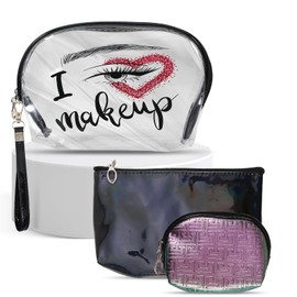 Ansberta Transparent with Printed Cosmetic Bag, Toiletry Bag with Zipper, Waterproof Lightweight Glitter Travel 3 Piece Cosmetic Bag Daily Travel Cosmetic Bag (Black