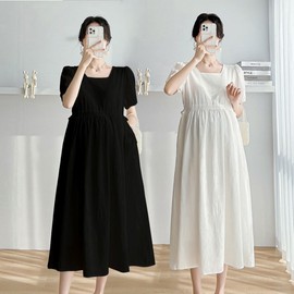 Square Neck Slimming Long Summer Dress with Waist Tie - Daily Short Sleeve for Women Guests Maternity Dress White/2XL