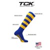 TCK 4 Stripe Hoop Soccer Rugby Socks (Royal/Gold, Medium)