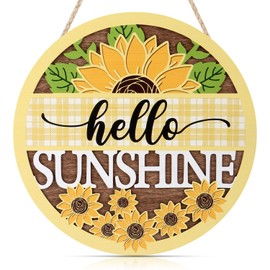 CHDITB 3D Hello Sunshine Front Door Sign Wreath, Wooden Yellow Bufflo Paid Sunflower Decoration Wall Hanging, Rustic Welcome Summer Decor Hanger for Porch Farmhouse Indoor