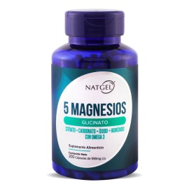Magnesio Complex 5 Glicinato, Citrato, Carbonato, Óxido, Hidróxido | 200 Cápsulas | Natgel